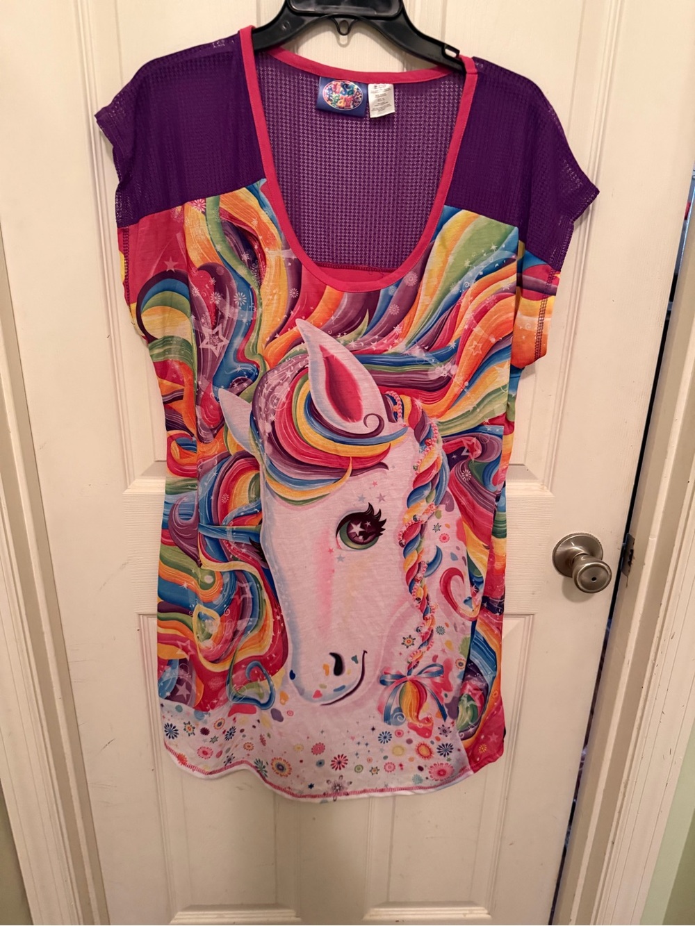Lisa Frank Rainbow Unicorn Tee with Purple Mesh Trim